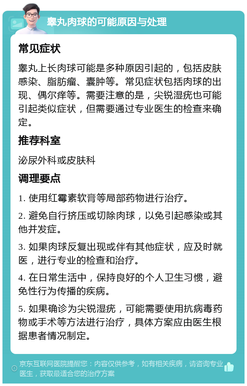 睾丸肉球的可能原因与处理 常见症状 睾丸上长肉球可能是多种原因引起的，包括皮肤感染、脂肪瘤、囊肿等。常见症状包括肉球的出现、偶尔痒等。需要注意的是，尖锐湿疣也可能引起类似症状，但需要通过专业医生的检查来确定。 推荐科室 泌尿外科或皮肤科 调理要点 1. 使用红霉素软膏等局部药物进行治疗。 2. 避免自行挤压或切除肉球，以免引起感染或其他并发症。 3. 如果肉球反复出现或伴有其他症状，应及时就医，进行专业的检查和治疗。 4. 在日常生活中，保持良好的个人卫生习惯，避免性行为传播的疾病。 5. 如果确诊为尖锐湿疣，可能需要使用抗病毒药物或手术等方法进行治疗，具体方案应由医生根据患者情况制定。