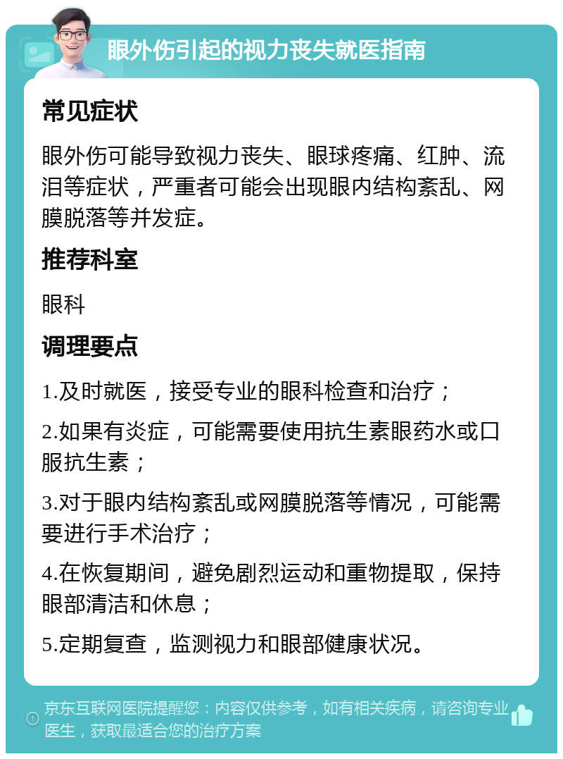 眼外伤引起的视力丧失就医指南 常见症状 眼外伤可能导致视力丧失、眼球疼痛、红肿、流泪等症状，严重者可能会出现眼内结构紊乱、网膜脱落等并发症。 推荐科室 眼科 调理要点 1.及时就医，接受专业的眼科检查和治疗； 2.如果有炎症，可能需要使用抗生素眼药水或口服抗生素； 3.对于眼内结构紊乱或网膜脱落等情况，可能需要进行手术治疗； 4.在恢复期间，避免剧烈运动和重物提取，保持眼部清洁和休息； 5.定期复查，监测视力和眼部健康状况。