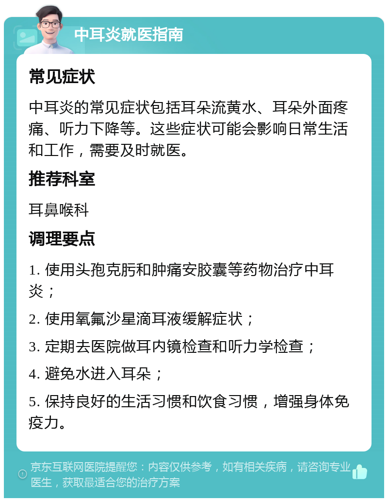 中耳炎就医指南 常见症状 中耳炎的常见症状包括耳朵流黄水、耳朵外面疼痛、听力下降等。这些症状可能会影响日常生活和工作，需要及时就医。 推荐科室 耳鼻喉科 调理要点 1. 使用头孢克肟和肿痛安胶囊等药物治疗中耳炎； 2. 使用氧氟沙星滴耳液缓解症状； 3. 定期去医院做耳内镜检查和听力学检查； 4. 避免水进入耳朵； 5. 保持良好的生活习惯和饮食习惯，增强身体免疫力。