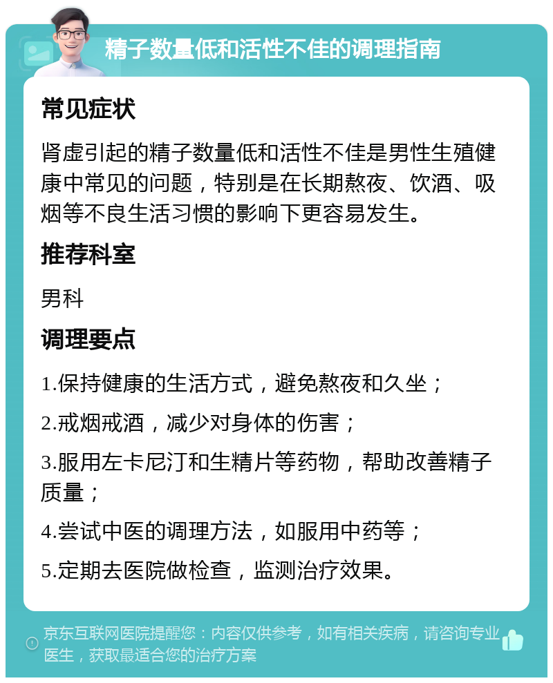 精子数量低和活性不佳的调理指南 常见症状 肾虚引起的精子数量低和活性不佳是男性生殖健康中常见的问题，特别是在长期熬夜、饮酒、吸烟等不良生活习惯的影响下更容易发生。 推荐科室 男科 调理要点 1.保持健康的生活方式，避免熬夜和久坐； 2.戒烟戒酒，减少对身体的伤害； 3.服用左卡尼汀和生精片等药物，帮助改善精子质量； 4.尝试中医的调理方法，如服用中药等； 5.定期去医院做检查，监测治疗效果。