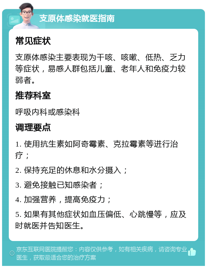 支原体感染就医指南 常见症状 支原体感染主要表现为干咳、咳嗽、低热、乏力等症状，易感人群包括儿童、老年人和免疫力较弱者。 推荐科室 呼吸内科或感染科 调理要点 1. 使用抗生素如阿奇霉素、克拉霉素等进行治疗； 2. 保持充足的休息和水分摄入； 3. 避免接触已知感染者； 4. 加强营养，提高免疫力； 5. 如果有其他症状如血压偏低、心跳慢等，应及时就医并告知医生。