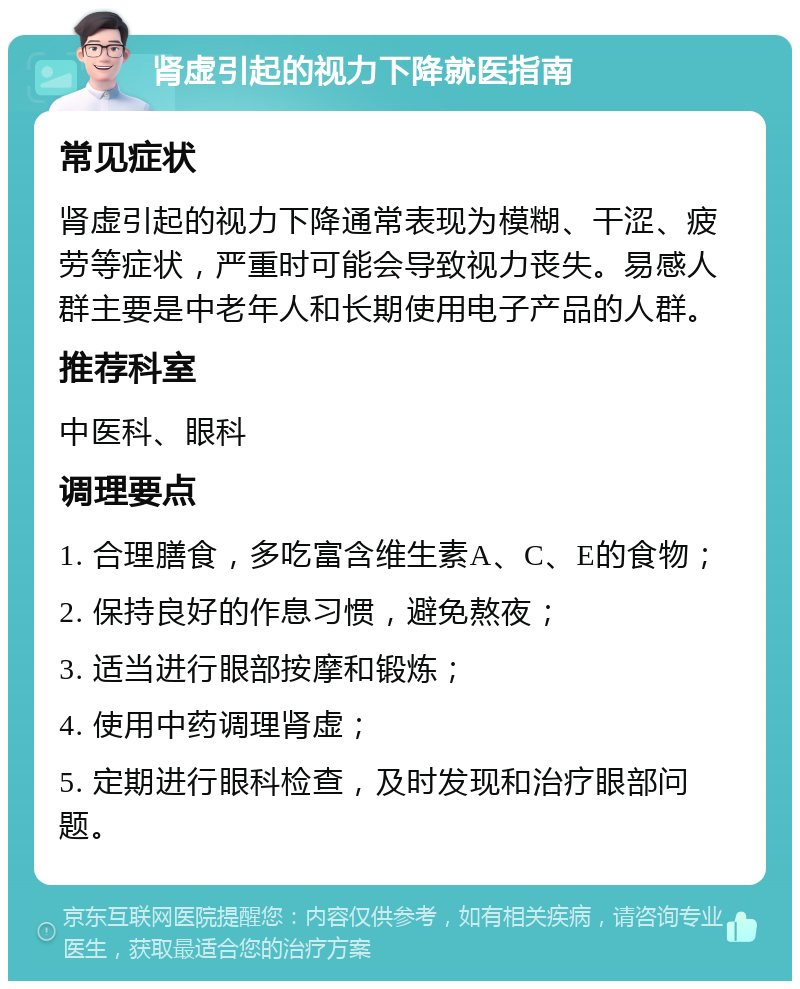 肾虚引起的视力下降就医指南 常见症状 肾虚引起的视力下降通常表现为模糊、干涩、疲劳等症状，严重时可能会导致视力丧失。易感人群主要是中老年人和长期使用电子产品的人群。 推荐科室 中医科、眼科 调理要点 1. 合理膳食，多吃富含维生素A、C、E的食物； 2. 保持良好的作息习惯，避免熬夜； 3. 适当进行眼部按摩和锻炼； 4. 使用中药调理肾虚； 5. 定期进行眼科检查，及时发现和治疗眼部问题。