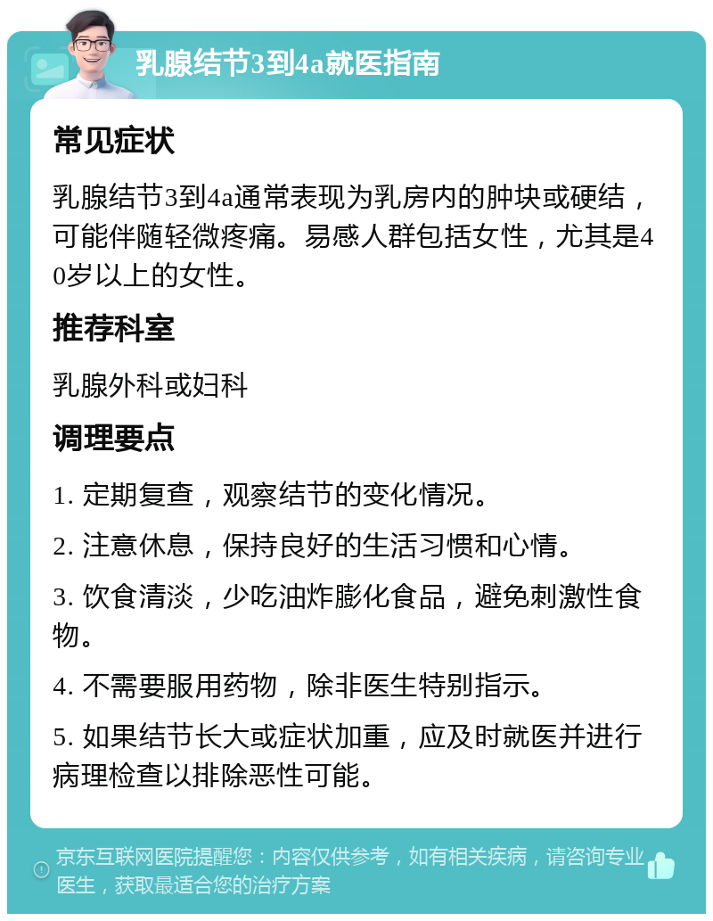 乳腺结节3到4a就医指南 常见症状 乳腺结节3到4a通常表现为乳房内的肿块或硬结，可能伴随轻微疼痛。易感人群包括女性，尤其是40岁以上的女性。 推荐科室 乳腺外科或妇科 调理要点 1. 定期复查，观察结节的变化情况。 2. 注意休息，保持良好的生活习惯和心情。 3. 饮食清淡，少吃油炸膨化食品，避免刺激性食物。 4. 不需要服用药物，除非医生特别指示。 5. 如果结节长大或症状加重，应及时就医并进行病理检查以排除恶性可能。