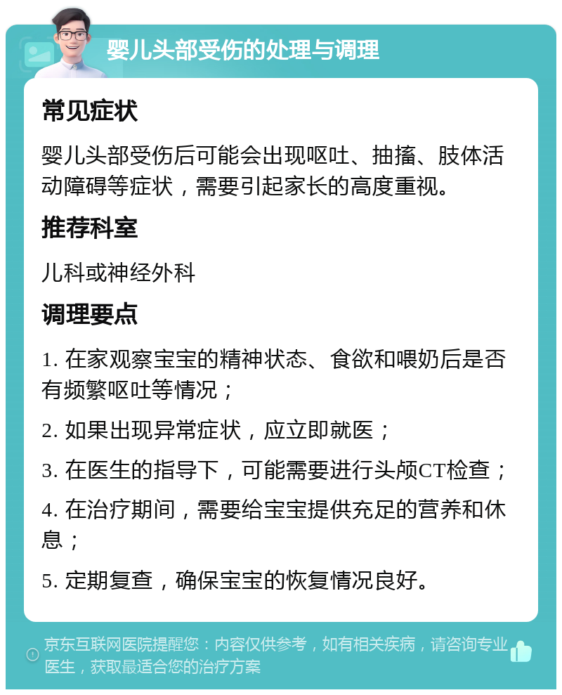 婴儿头部受伤的处理与调理 常见症状 婴儿头部受伤后可能会出现呕吐、抽搐、肢体活动障碍等症状，需要引起家长的高度重视。 推荐科室 儿科或神经外科 调理要点 1. 在家观察宝宝的精神状态、食欲和喂奶后是否有频繁呕吐等情况； 2. 如果出现异常症状，应立即就医； 3. 在医生的指导下，可能需要进行头颅CT检查； 4. 在治疗期间，需要给宝宝提供充足的营养和休息； 5. 定期复查，确保宝宝的恢复情况良好。