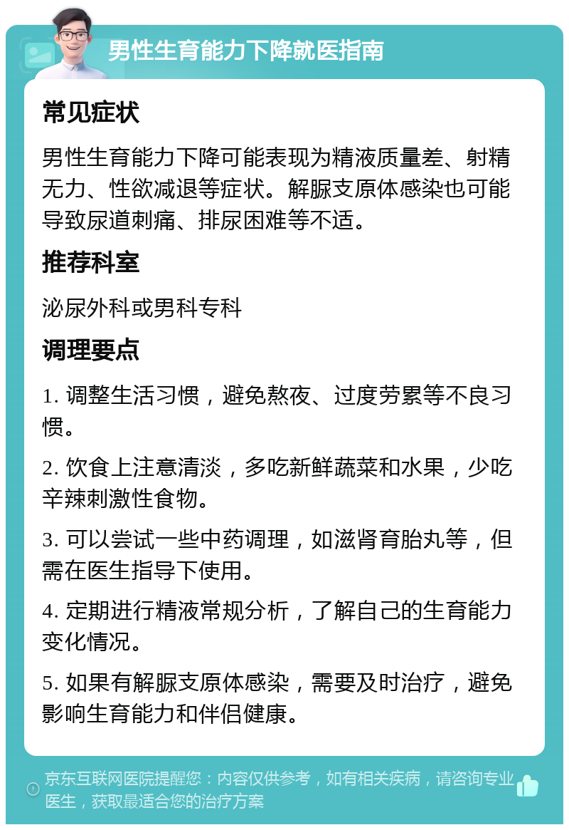 男性生育能力下降就医指南 常见症状 男性生育能力下降可能表现为精液质量差、射精无力、性欲减退等症状。解脲支原体感染也可能导致尿道刺痛、排尿困难等不适。 推荐科室 泌尿外科或男科专科 调理要点 1. 调整生活习惯，避免熬夜、过度劳累等不良习惯。 2. 饮食上注意清淡，多吃新鲜蔬菜和水果，少吃辛辣刺激性食物。 3. 可以尝试一些中药调理，如滋肾育胎丸等，但需在医生指导下使用。 4. 定期进行精液常规分析，了解自己的生育能力变化情况。 5. 如果有解脲支原体感染，需要及时治疗，避免影响生育能力和伴侣健康。