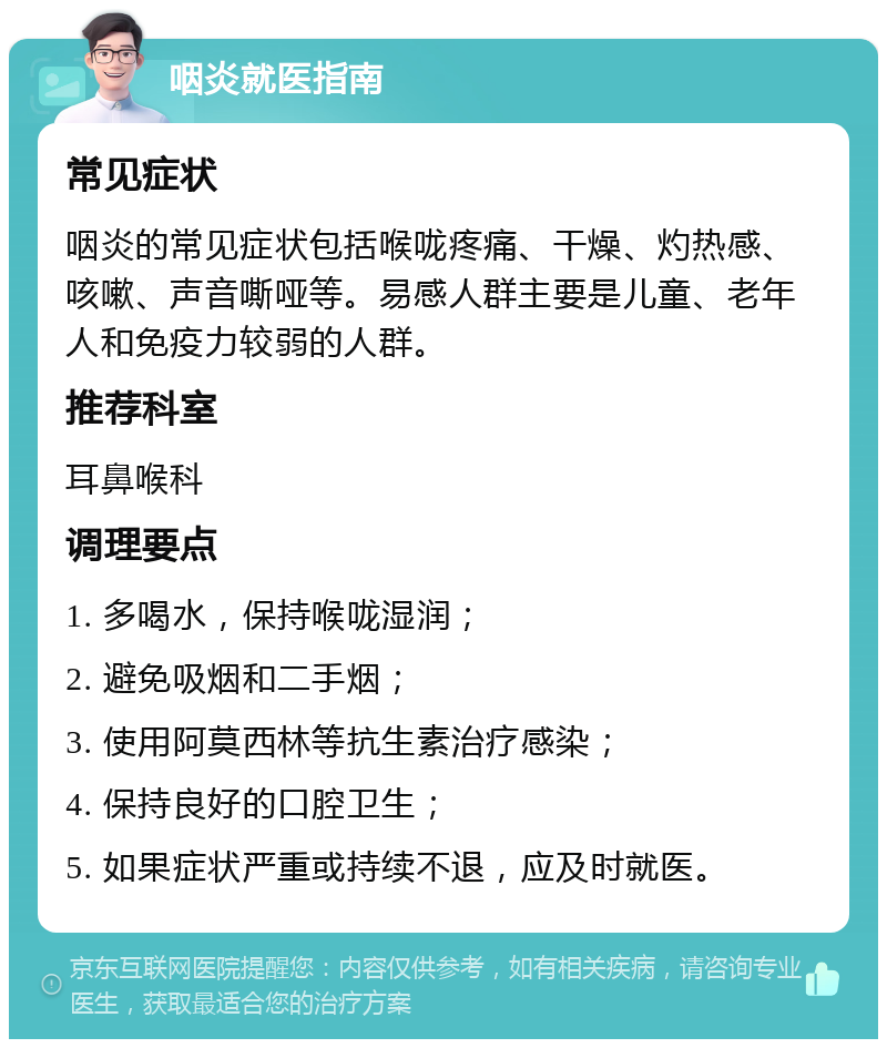 咽炎就医指南 常见症状 咽炎的常见症状包括喉咙疼痛、干燥、灼热感、咳嗽、声音嘶哑等。易感人群主要是儿童、老年人和免疫力较弱的人群。 推荐科室 耳鼻喉科 调理要点 1. 多喝水，保持喉咙湿润； 2. 避免吸烟和二手烟； 3. 使用阿莫西林等抗生素治疗感染； 4. 保持良好的口腔卫生； 5. 如果症状严重或持续不退，应及时就医。