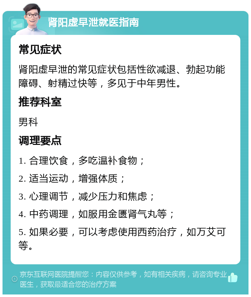 肾阳虚早泄就医指南 常见症状 肾阳虚早泄的常见症状包括性欲减退、勃起功能障碍、射精过快等，多见于中年男性。 推荐科室 男科 调理要点 1. 合理饮食，多吃温补食物； 2. 适当运动，增强体质； 3. 心理调节，减少压力和焦虑； 4. 中药调理，如服用金匮肾气丸等； 5. 如果必要，可以考虑使用西药治疗，如万艾可等。