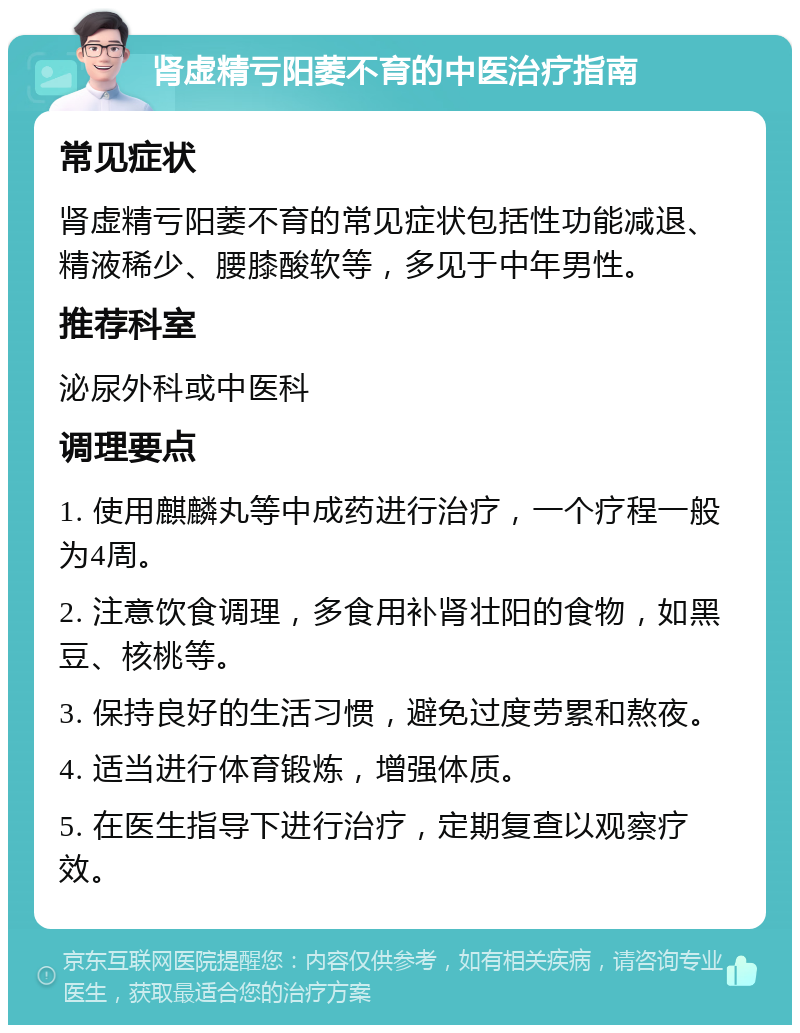 肾虚精亏阳萎不育的中医治疗指南 常见症状 肾虚精亏阳萎不育的常见症状包括性功能减退、精液稀少、腰膝酸软等，多见于中年男性。 推荐科室 泌尿外科或中医科 调理要点 1. 使用麒麟丸等中成药进行治疗，一个疗程一般为4周。 2. 注意饮食调理，多食用补肾壮阳的食物，如黑豆、核桃等。 3. 保持良好的生活习惯，避免过度劳累和熬夜。 4. 适当进行体育锻炼，增强体质。 5. 在医生指导下进行治疗，定期复查以观察疗效。