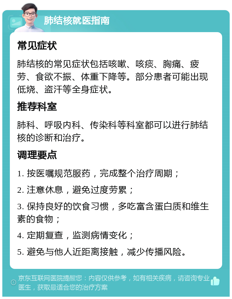 肺结核就医指南 常见症状 肺结核的常见症状包括咳嗽、咳痰、胸痛、疲劳、食欲不振、体重下降等。部分患者可能出现低烧、盗汗等全身症状。 推荐科室 肺科、呼吸内科、传染科等科室都可以进行肺结核的诊断和治疗。 调理要点 1. 按医嘱规范服药，完成整个治疗周期； 2. 注意休息，避免过度劳累； 3. 保持良好的饮食习惯，多吃富含蛋白质和维生素的食物； 4. 定期复查，监测病情变化； 5. 避免与他人近距离接触，减少传播风险。