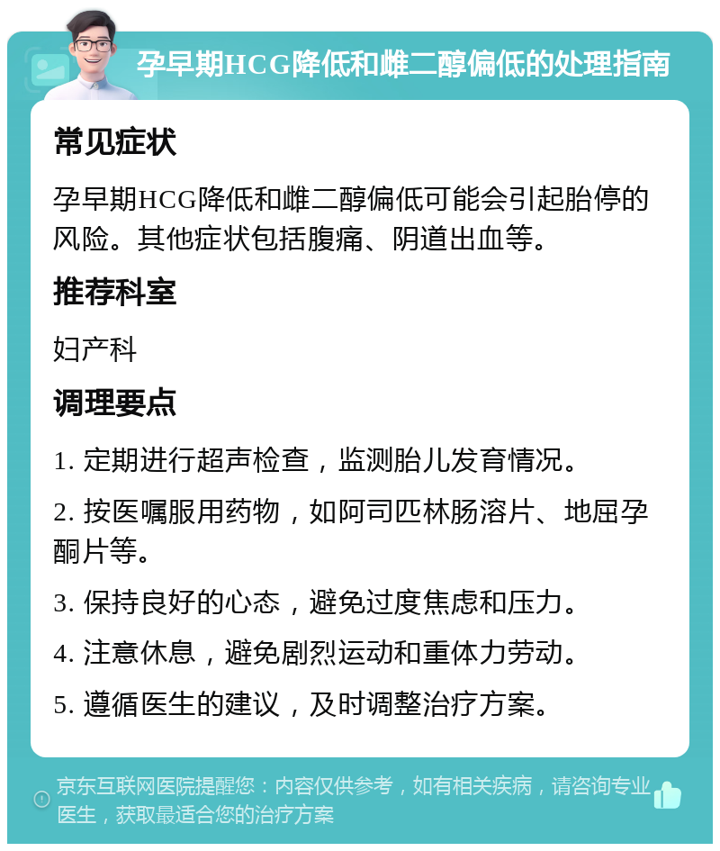 孕早期HCG降低和雌二醇偏低的处理指南 常见症状 孕早期HCG降低和雌二醇偏低可能会引起胎停的风险。其他症状包括腹痛、阴道出血等。 推荐科室 妇产科 调理要点 1. 定期进行超声检查，监测胎儿发育情况。 2. 按医嘱服用药物，如阿司匹林肠溶片、地屈孕酮片等。 3. 保持良好的心态，避免过度焦虑和压力。 4. 注意休息，避免剧烈运动和重体力劳动。 5. 遵循医生的建议，及时调整治疗方案。