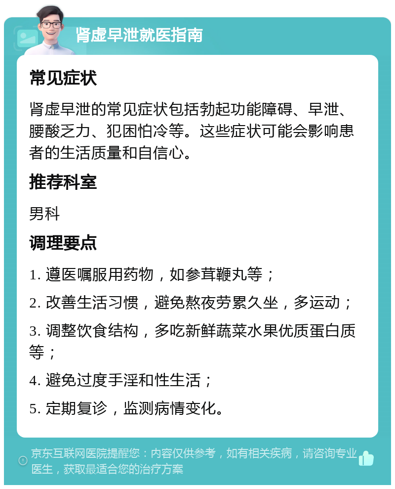 肾虚早泄就医指南 常见症状 肾虚早泄的常见症状包括勃起功能障碍、早泄、腰酸乏力、犯困怕冷等。这些症状可能会影响患者的生活质量和自信心。 推荐科室 男科 调理要点 1. 遵医嘱服用药物，如参茸鞭丸等； 2. 改善生活习惯，避免熬夜劳累久坐，多运动； 3. 调整饮食结构，多吃新鲜蔬菜水果优质蛋白质等； 4. 避免过度手淫和性生活； 5. 定期复诊，监测病情变化。