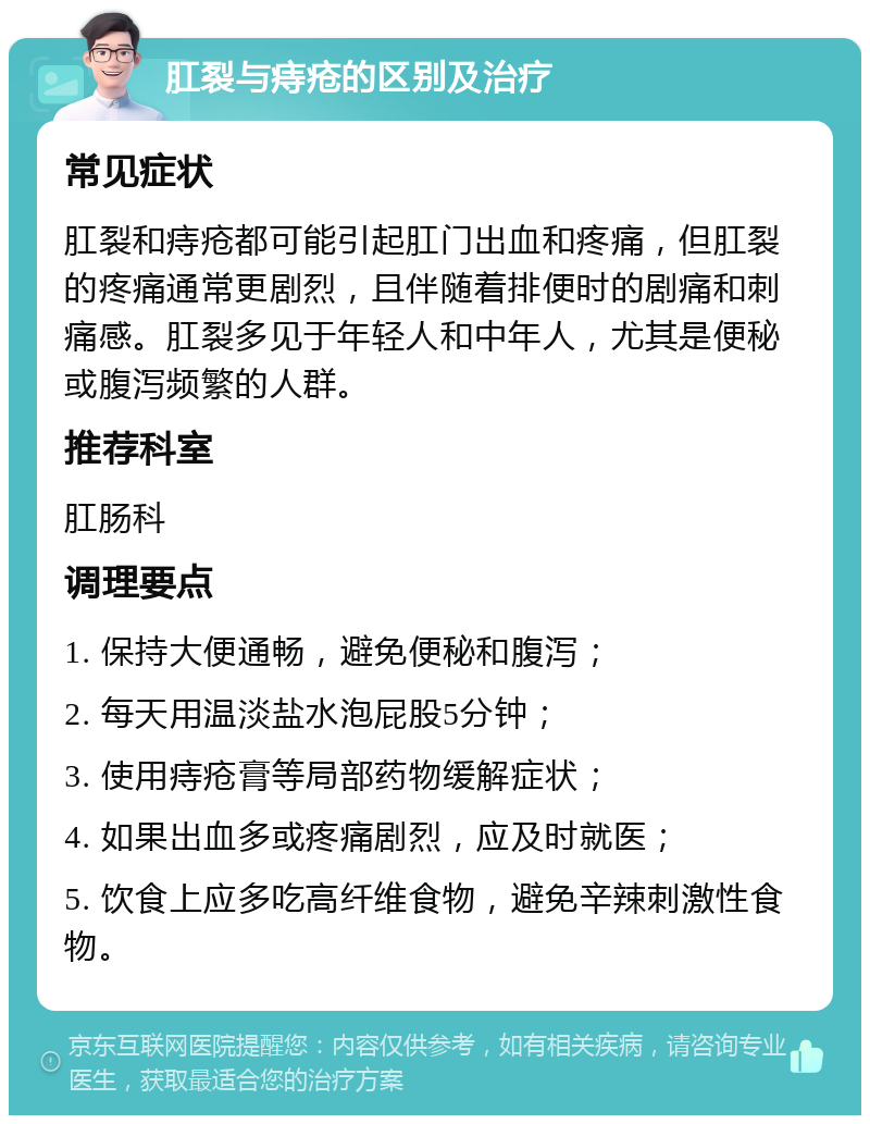 肛裂与痔疮的区别及治疗 常见症状 肛裂和痔疮都可能引起肛门出血和疼痛，但肛裂的疼痛通常更剧烈，且伴随着排便时的剧痛和刺痛感。肛裂多见于年轻人和中年人，尤其是便秘或腹泻频繁的人群。 推荐科室 肛肠科 调理要点 1. 保持大便通畅，避免便秘和腹泻； 2. 每天用温淡盐水泡屁股5分钟； 3. 使用痔疮膏等局部药物缓解症状； 4. 如果出血多或疼痛剧烈，应及时就医； 5. 饮食上应多吃高纤维食物，避免辛辣刺激性食物。