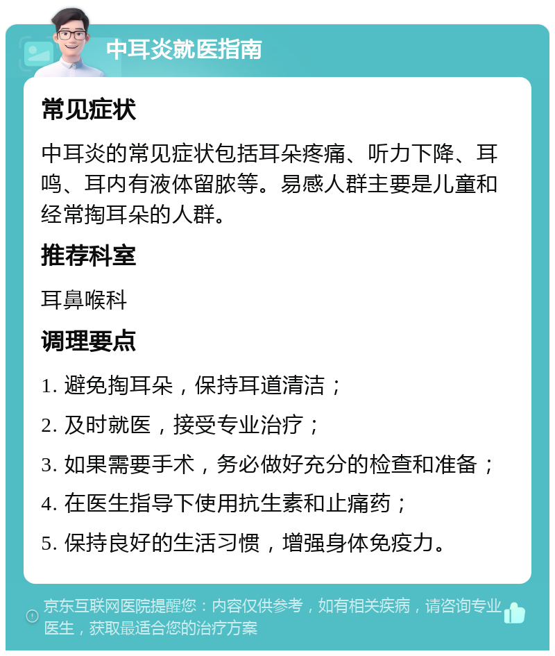 中耳炎就医指南 常见症状 中耳炎的常见症状包括耳朵疼痛、听力下降、耳鸣、耳内有液体留脓等。易感人群主要是儿童和经常掏耳朵的人群。 推荐科室 耳鼻喉科 调理要点 1. 避免掏耳朵，保持耳道清洁； 2. 及时就医，接受专业治疗； 3. 如果需要手术，务必做好充分的检查和准备； 4. 在医生指导下使用抗生素和止痛药； 5. 保持良好的生活习惯，增强身体免疫力。