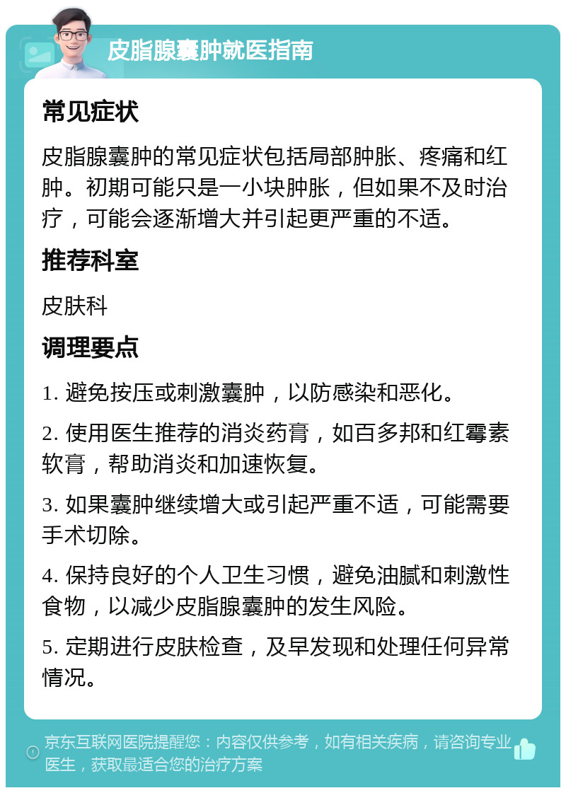 皮脂腺囊肿就医指南 常见症状 皮脂腺囊肿的常见症状包括局部肿胀、疼痛和红肿。初期可能只是一小块肿胀，但如果不及时治疗，可能会逐渐增大并引起更严重的不适。 推荐科室 皮肤科 调理要点 1. 避免按压或刺激囊肿，以防感染和恶化。 2. 使用医生推荐的消炎药膏，如百多邦和红霉素软膏，帮助消炎和加速恢复。 3. 如果囊肿继续增大或引起严重不适，可能需要手术切除。 4. 保持良好的个人卫生习惯，避免油腻和刺激性食物，以减少皮脂腺囊肿的发生风险。 5. 定期进行皮肤检查，及早发现和处理任何异常情况。