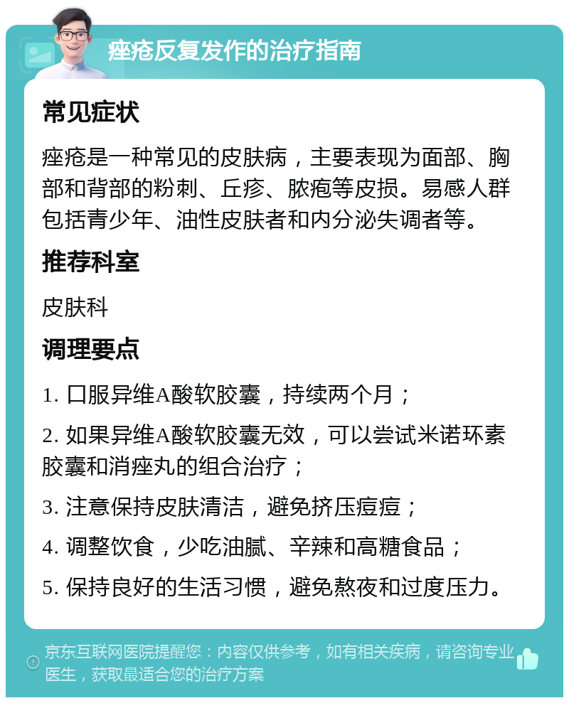 痤疮反复发作的治疗指南 常见症状 痤疮是一种常见的皮肤病，主要表现为面部、胸部和背部的粉刺、丘疹、脓疱等皮损。易感人群包括青少年、油性皮肤者和内分泌失调者等。 推荐科室 皮肤科 调理要点 1. 口服异维A酸软胶囊，持续两个月； 2. 如果异维A酸软胶囊无效，可以尝试米诺环素胶囊和消痤丸的组合治疗； 3. 注意保持皮肤清洁，避免挤压痘痘； 4. 调整饮食，少吃油腻、辛辣和高糖食品； 5. 保持良好的生活习惯，避免熬夜和过度压力。