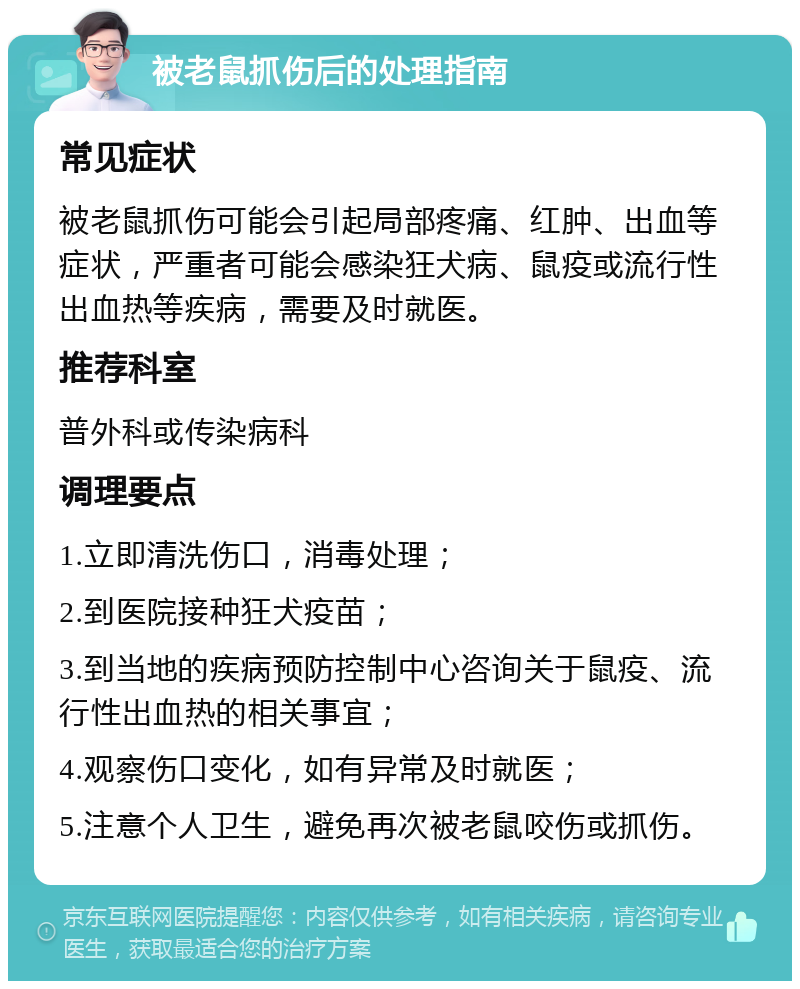 被老鼠抓伤后的处理指南 常见症状 被老鼠抓伤可能会引起局部疼痛、红肿、出血等症状，严重者可能会感染狂犬病、鼠疫或流行性出血热等疾病，需要及时就医。 推荐科室 普外科或传染病科 调理要点 1.立即清洗伤口，消毒处理； 2.到医院接种狂犬疫苗； 3.到当地的疾病预防控制中心咨询关于鼠疫、流行性出血热的相关事宜； 4.观察伤口变化，如有异常及时就医； 5.注意个人卫生，避免再次被老鼠咬伤或抓伤。