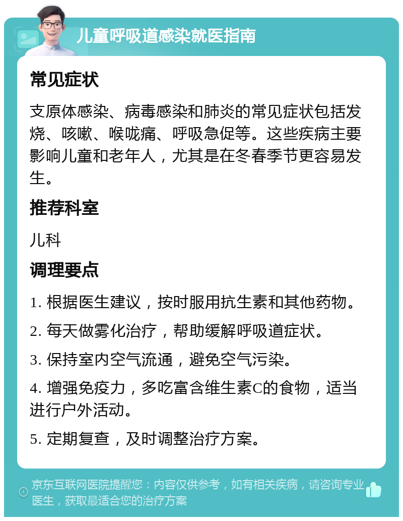 儿童呼吸道感染就医指南 常见症状 支原体感染、病毒感染和肺炎的常见症状包括发烧、咳嗽、喉咙痛、呼吸急促等。这些疾病主要影响儿童和老年人，尤其是在冬春季节更容易发生。 推荐科室 儿科 调理要点 1. 根据医生建议，按时服用抗生素和其他药物。 2. 每天做雾化治疗，帮助缓解呼吸道症状。 3. 保持室内空气流通，避免空气污染。 4. 增强免疫力，多吃富含维生素C的食物，适当进行户外活动。 5. 定期复查，及时调整治疗方案。