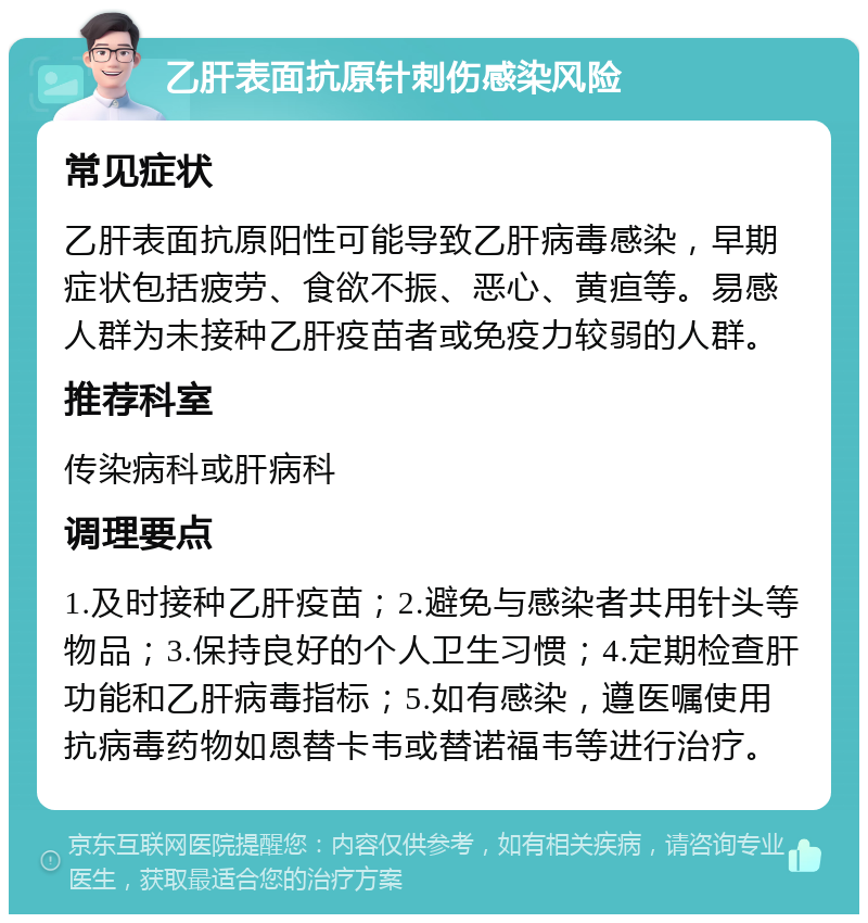 乙肝表面抗原针刺伤感染风险 常见症状 乙肝表面抗原阳性可能导致乙肝病毒感染，早期症状包括疲劳、食欲不振、恶心、黄疸等。易感人群为未接种乙肝疫苗者或免疫力较弱的人群。 推荐科室 传染病科或肝病科 调理要点 1.及时接种乙肝疫苗；2.避免与感染者共用针头等物品；3.保持良好的个人卫生习惯；4.定期检查肝功能和乙肝病毒指标；5.如有感染，遵医嘱使用抗病毒药物如恩替卡韦或替诺福韦等进行治疗。