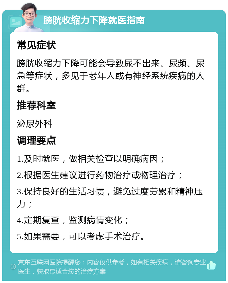 膀胱收缩力下降就医指南 常见症状 膀胱收缩力下降可能会导致尿不出来、尿频、尿急等症状，多见于老年人或有神经系统疾病的人群。 推荐科室 泌尿外科 调理要点 1.及时就医，做相关检查以明确病因； 2.根据医生建议进行药物治疗或物理治疗； 3.保持良好的生活习惯，避免过度劳累和精神压力； 4.定期复查，监测病情变化； 5.如果需要，可以考虑手术治疗。