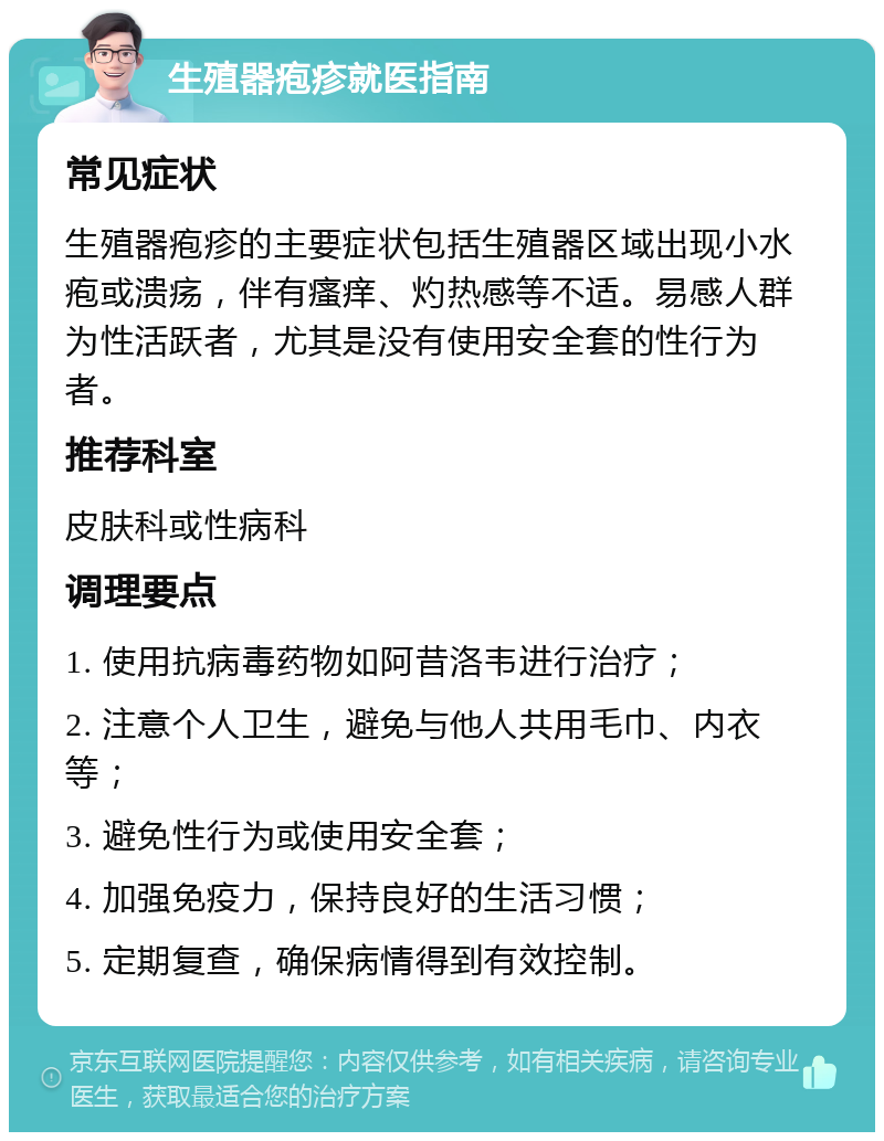 生殖器疱疹就医指南 常见症状 生殖器疱疹的主要症状包括生殖器区域出现小水疱或溃疡，伴有瘙痒、灼热感等不适。易感人群为性活跃者，尤其是没有使用安全套的性行为者。 推荐科室 皮肤科或性病科 调理要点 1. 使用抗病毒药物如阿昔洛韦进行治疗； 2. 注意个人卫生，避免与他人共用毛巾、内衣等； 3. 避免性行为或使用安全套； 4. 加强免疫力，保持良好的生活习惯； 5. 定期复查，确保病情得到有效控制。