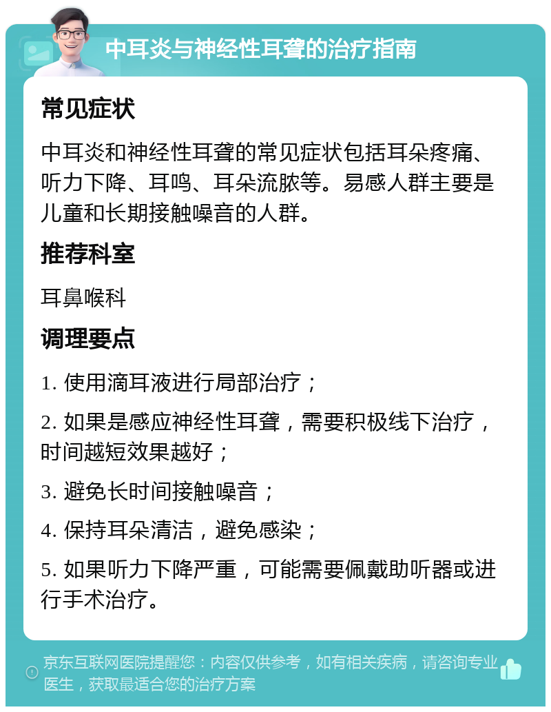 中耳炎与神经性耳聋的治疗指南 常见症状 中耳炎和神经性耳聋的常见症状包括耳朵疼痛、听力下降、耳鸣、耳朵流脓等。易感人群主要是儿童和长期接触噪音的人群。 推荐科室 耳鼻喉科 调理要点 1. 使用滴耳液进行局部治疗； 2. 如果是感应神经性耳聋，需要积极线下治疗，时间越短效果越好； 3. 避免长时间接触噪音； 4. 保持耳朵清洁，避免感染； 5. 如果听力下降严重，可能需要佩戴助听器或进行手术治疗。