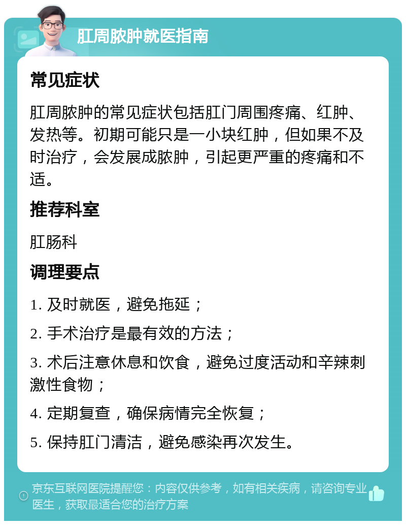 肛周脓肿就医指南 常见症状 肛周脓肿的常见症状包括肛门周围疼痛、红肿、发热等。初期可能只是一小块红肿，但如果不及时治疗，会发展成脓肿，引起更严重的疼痛和不适。 推荐科室 肛肠科 调理要点 1. 及时就医，避免拖延； 2. 手术治疗是最有效的方法； 3. 术后注意休息和饮食，避免过度活动和辛辣刺激性食物； 4. 定期复查，确保病情完全恢复； 5. 保持肛门清洁，避免感染再次发生。