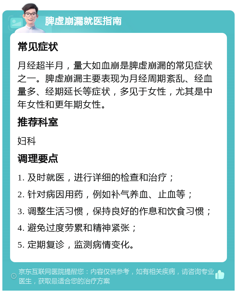 脾虚崩漏就医指南 常见症状 月经超半月，量大如血崩是脾虚崩漏的常见症状之一。脾虚崩漏主要表现为月经周期紊乱、经血量多、经期延长等症状，多见于女性，尤其是中年女性和更年期女性。 推荐科室 妇科 调理要点 1. 及时就医，进行详细的检查和治疗； 2. 针对病因用药，例如补气养血、止血等； 3. 调整生活习惯，保持良好的作息和饮食习惯； 4. 避免过度劳累和精神紧张； 5. 定期复诊，监测病情变化。