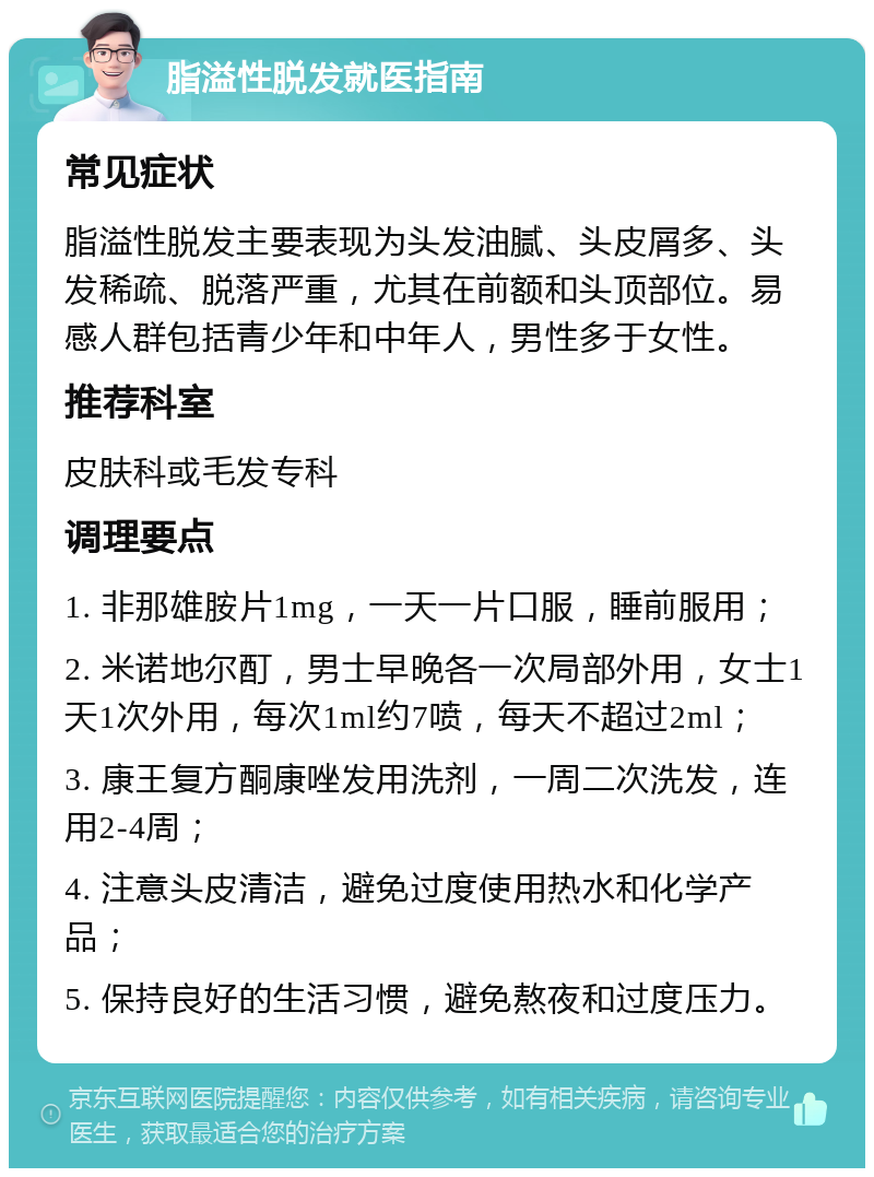 脂溢性脱发就医指南 常见症状 脂溢性脱发主要表现为头发油腻、头皮屑多、头发稀疏、脱落严重，尤其在前额和头顶部位。易感人群包括青少年和中年人，男性多于女性。 推荐科室 皮肤科或毛发专科 调理要点 1. 非那雄胺片1mg，一天一片口服，睡前服用； 2. 米诺地尔酊，男士早晚各一次局部外用，女士1天1次外用，每次1ml约7喷，每天不超过2ml； 3. 康王复方酮康唑发用洗剂，一周二次洗发，连用2-4周； 4. 注意头皮清洁，避免过度使用热水和化学产品； 5. 保持良好的生活习惯，避免熬夜和过度压力。