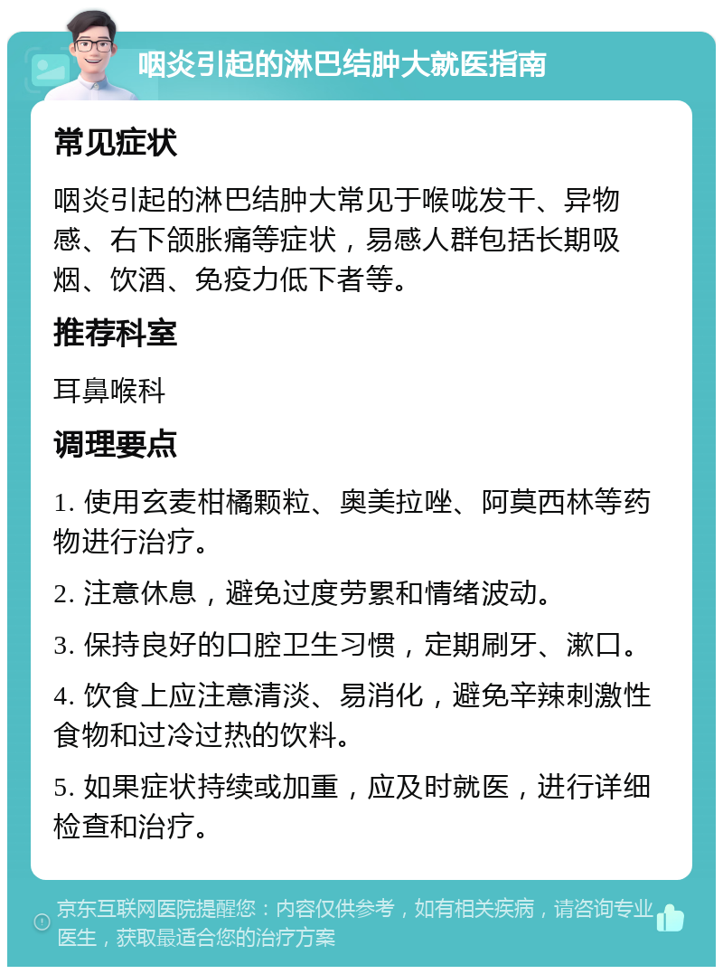 咽炎引起的淋巴结肿大就医指南 常见症状 咽炎引起的淋巴结肿大常见于喉咙发干、异物感、右下颌胀痛等症状，易感人群包括长期吸烟、饮酒、免疫力低下者等。 推荐科室 耳鼻喉科 调理要点 1. 使用玄麦柑橘颗粒、奥美拉唑、阿莫西林等药物进行治疗。 2. 注意休息，避免过度劳累和情绪波动。 3. 保持良好的口腔卫生习惯，定期刷牙、漱口。 4. 饮食上应注意清淡、易消化，避免辛辣刺激性食物和过冷过热的饮料。 5. 如果症状持续或加重，应及时就医，进行详细检查和治疗。