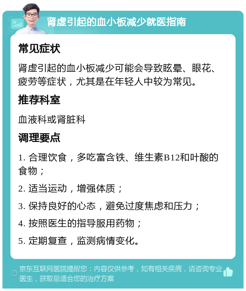 肾虚引起的血小板减少就医指南 常见症状 肾虚引起的血小板减少可能会导致眩晕、眼花、疲劳等症状，尤其是在年轻人中较为常见。 推荐科室 血液科或肾脏科 调理要点 1. 合理饮食，多吃富含铁、维生素B12和叶酸的食物； 2. 适当运动，增强体质； 3. 保持良好的心态，避免过度焦虑和压力； 4. 按照医生的指导服用药物； 5. 定期复查，监测病情变化。