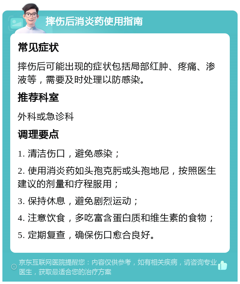 摔伤后消炎药使用指南 常见症状 摔伤后可能出现的症状包括局部红肿、疼痛、渗液等，需要及时处理以防感染。 推荐科室 外科或急诊科 调理要点 1. 清洁伤口，避免感染； 2. 使用消炎药如头孢克肟或头孢地尼，按照医生建议的剂量和疗程服用； 3. 保持休息，避免剧烈运动； 4. 注意饮食，多吃富含蛋白质和维生素的食物； 5. 定期复查，确保伤口愈合良好。