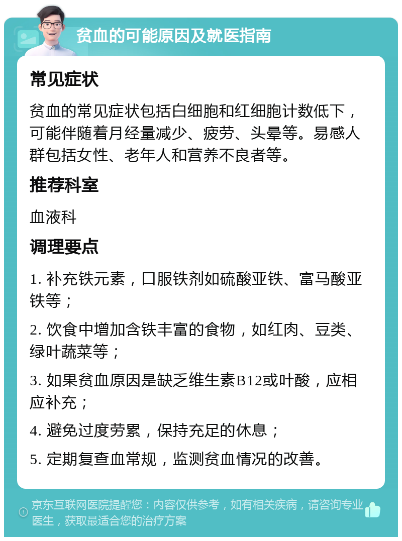 贫血的可能原因及就医指南 常见症状 贫血的常见症状包括白细胞和红细胞计数低下，可能伴随着月经量减少、疲劳、头晕等。易感人群包括女性、老年人和营养不良者等。 推荐科室 血液科 调理要点 1. 补充铁元素，口服铁剂如硫酸亚铁、富马酸亚铁等； 2. 饮食中增加含铁丰富的食物，如红肉、豆类、绿叶蔬菜等； 3. 如果贫血原因是缺乏维生素B12或叶酸，应相应补充； 4. 避免过度劳累，保持充足的休息； 5. 定期复查血常规，监测贫血情况的改善。