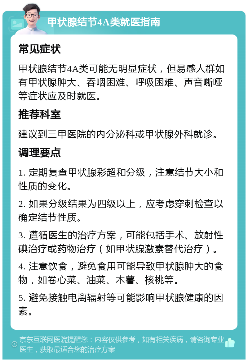 甲状腺结节4A类就医指南 常见症状 甲状腺结节4A类可能无明显症状，但易感人群如有甲状腺肿大、吞咽困难、呼吸困难、声音嘶哑等症状应及时就医。 推荐科室 建议到三甲医院的内分泌科或甲状腺外科就诊。 调理要点 1. 定期复查甲状腺彩超和分级，注意结节大小和性质的变化。 2. 如果分级结果为四级以上，应考虑穿刺检查以确定结节性质。 3. 遵循医生的治疗方案，可能包括手术、放射性碘治疗或药物治疗（如甲状腺激素替代治疗）。 4. 注意饮食，避免食用可能导致甲状腺肿大的食物，如卷心菜、油菜、木薯、核桃等。 5. 避免接触电离辐射等可能影响甲状腺健康的因素。