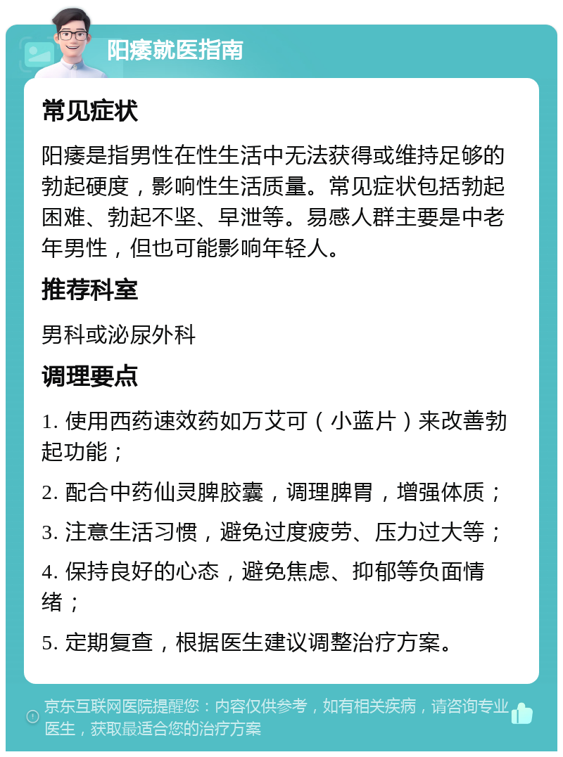 阳痿就医指南 常见症状 阳痿是指男性在性生活中无法获得或维持足够的勃起硬度，影响性生活质量。常见症状包括勃起困难、勃起不坚、早泄等。易感人群主要是中老年男性，但也可能影响年轻人。 推荐科室 男科或泌尿外科 调理要点 1. 使用西药速效药如万艾可（小蓝片）来改善勃起功能； 2. 配合中药仙灵脾胶囊，调理脾胃，增强体质； 3. 注意生活习惯，避免过度疲劳、压力过大等； 4. 保持良好的心态，避免焦虑、抑郁等负面情绪； 5. 定期复查，根据医生建议调整治疗方案。