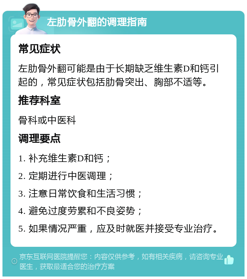 左肋骨外翻的调理指南 常见症状 左肋骨外翻可能是由于长期缺乏维生素D和钙引起的，常见症状包括肋骨突出、胸部不适等。 推荐科室 骨科或中医科 调理要点 1. 补充维生素D和钙； 2. 定期进行中医调理； 3. 注意日常饮食和生活习惯； 4. 避免过度劳累和不良姿势； 5. 如果情况严重，应及时就医并接受专业治疗。