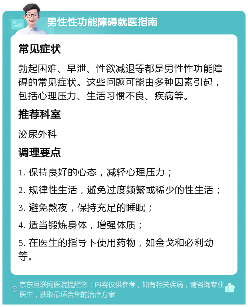 男性性功能障碍就医指南 常见症状 勃起困难、早泄、性欲减退等都是男性性功能障碍的常见症状。这些问题可能由多种因素引起，包括心理压力、生活习惯不良、疾病等。 推荐科室 泌尿外科 调理要点 1. 保持良好的心态，减轻心理压力； 2. 规律性生活，避免过度频繁或稀少的性生活； 3. 避免熬夜，保持充足的睡眠； 4. 适当锻炼身体，增强体质； 5. 在医生的指导下使用药物，如金戈和必利劲等。