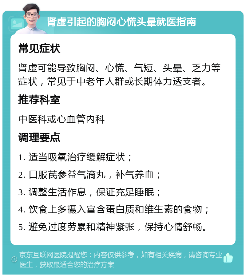 肾虚引起的胸闷心慌头晕就医指南 常见症状 肾虚可能导致胸闷、心慌、气短、头晕、乏力等症状，常见于中老年人群或长期体力透支者。 推荐科室 中医科或心血管内科 调理要点 1. 适当吸氧治疗缓解症状； 2. 口服芪参益气滴丸，补气养血； 3. 调整生活作息，保证充足睡眠； 4. 饮食上多摄入富含蛋白质和维生素的食物； 5. 避免过度劳累和精神紧张，保持心情舒畅。