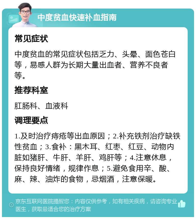 中度贫血快速补血指南 常见症状 中度贫血的常见症状包括乏力、头晕、面色苍白等，易感人群为长期大量出血者、营养不良者等。 推荐科室 肛肠科、血液科 调理要点 1.及时治疗痔疮等出血原因；2.补充铁剂治疗缺铁性贫血；3.食补：黑木耳、红枣、红豆、动物内脏如猪肝、牛肝、羊肝、鸡肝等；4.注意休息，保持良好情绪，规律作息；5.避免食用辛、酸、麻、辣、油炸的食物，忌烟酒，注意保暖。