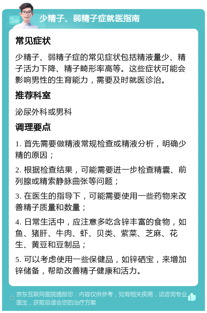 少精子、弱精子症就医指南 常见症状 少精子、弱精子症的常见症状包括精液量少、精子活力下降、精子畸形率高等。这些症状可能会影响男性的生育能力，需要及时就医诊治。 推荐科室 泌尿外科或男科 调理要点 1. 首先需要做精液常规检查或精液分析，明确少精的原因； 2. 根据检查结果，可能需要进一步检查精囊、前列腺或精索静脉曲张等问题； 3. 在医生的指导下，可能需要使用一些药物来改善精子质量和数量； 4. 日常生活中，应注意多吃含锌丰富的食物，如鱼、猪肝、牛肉、虾、贝类、紫菜、芝麻、花生、黄豆和豆制品； 5. 可以考虑使用一些保健品，如锌硒宝，来增加锌储备，帮助改善精子健康和活力。