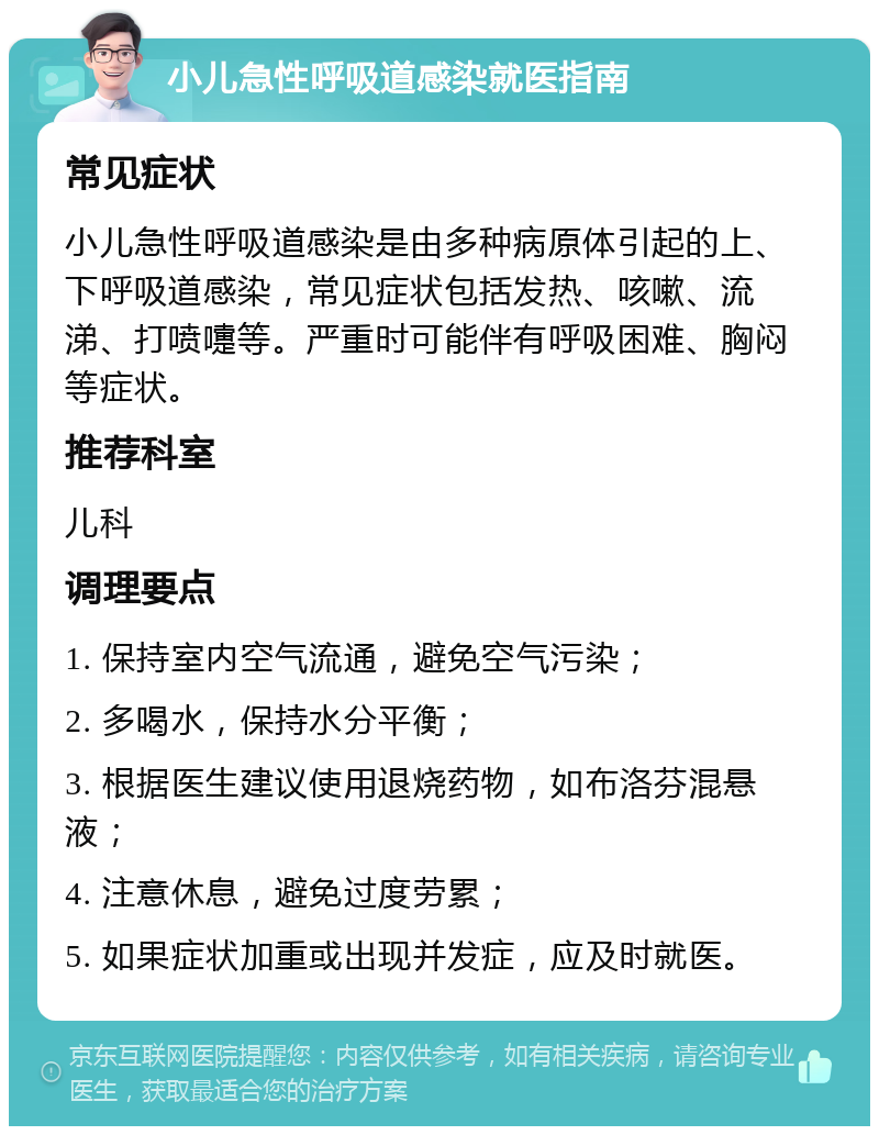 小儿急性呼吸道感染就医指南 常见症状 小儿急性呼吸道感染是由多种病原体引起的上、下呼吸道感染，常见症状包括发热、咳嗽、流涕、打喷嚏等。严重时可能伴有呼吸困难、胸闷等症状。 推荐科室 儿科 调理要点 1. 保持室内空气流通，避免空气污染； 2. 多喝水，保持水分平衡； 3. 根据医生建议使用退烧药物，如布洛芬混悬液； 4. 注意休息，避免过度劳累； 5. 如果症状加重或出现并发症，应及时就医。