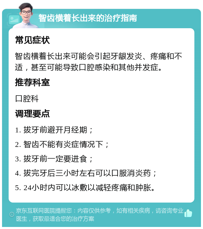 智齿横着长出来的治疗指南 常见症状 智齿横着长出来可能会引起牙龈发炎、疼痛和不适，甚至可能导致口腔感染和其他并发症。 推荐科室 口腔科 调理要点 1. 拔牙前避开月经期； 2. 智齿不能有炎症情况下； 3. 拔牙前一定要进食； 4. 拔完牙后三小时左右可以口服消炎药； 5. 24小时内可以冰敷以减轻疼痛和肿胀。