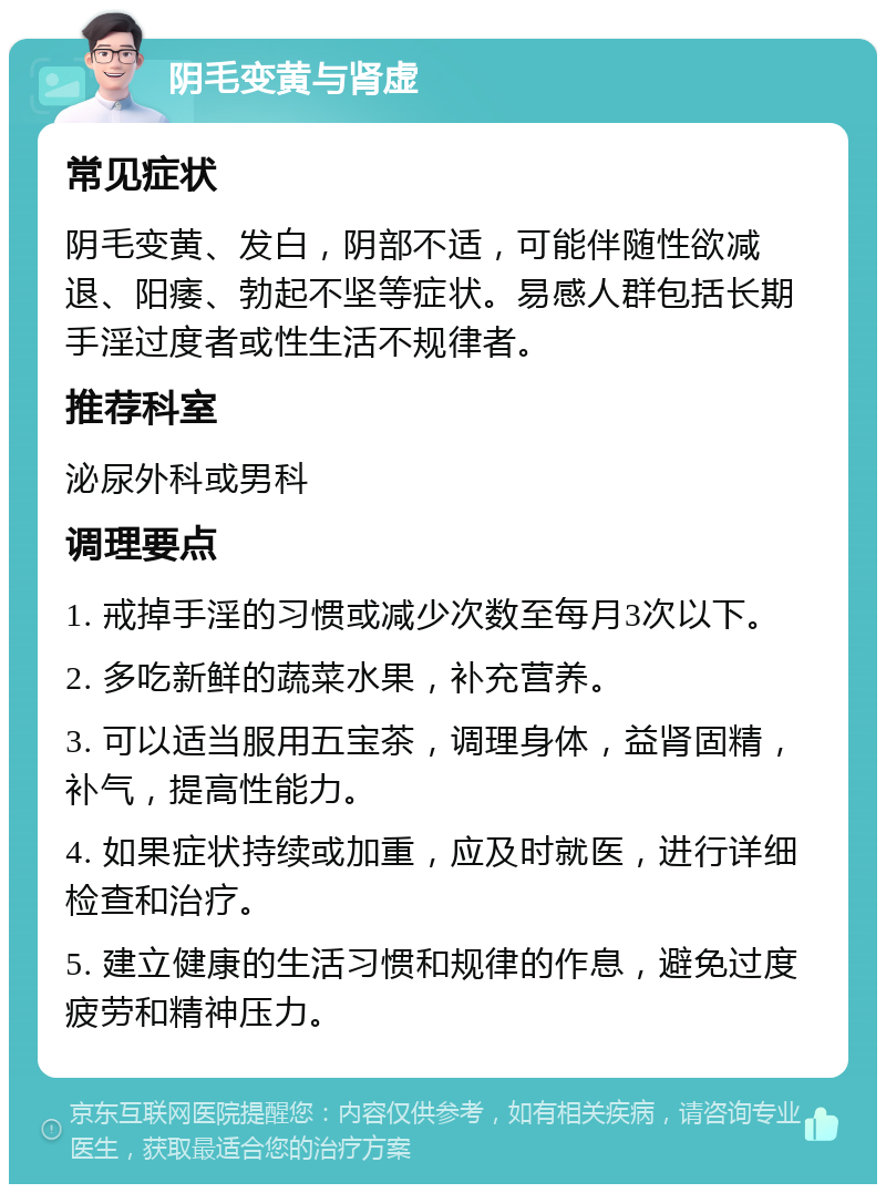 阴毛变黄与肾虚 常见症状 阴毛变黄、发白，阴部不适，可能伴随性欲减退、阳痿、勃起不坚等症状。易感人群包括长期手淫过度者或性生活不规律者。 推荐科室 泌尿外科或男科 调理要点 1. 戒掉手淫的习惯或减少次数至每月3次以下。 2. 多吃新鲜的蔬菜水果，补充营养。 3. 可以适当服用五宝茶，调理身体，益肾固精，补气，提高性能力。 4. 如果症状持续或加重，应及时就医，进行详细检查和治疗。 5. 建立健康的生活习惯和规律的作息，避免过度疲劳和精神压力。