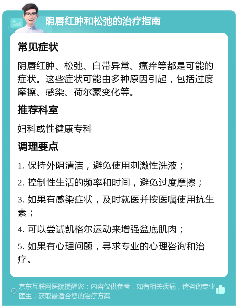 阴唇红肿和松弛的治疗指南 常见症状 阴唇红肿、松弛、白带异常、瘙痒等都是可能的症状。这些症状可能由多种原因引起，包括过度摩擦、感染、荷尔蒙变化等。 推荐科室 妇科或性健康专科 调理要点 1. 保持外阴清洁，避免使用刺激性洗液； 2. 控制性生活的频率和时间，避免过度摩擦； 3. 如果有感染症状，及时就医并按医嘱使用抗生素； 4. 可以尝试凯格尔运动来增强盆底肌肉； 5. 如果有心理问题，寻求专业的心理咨询和治疗。