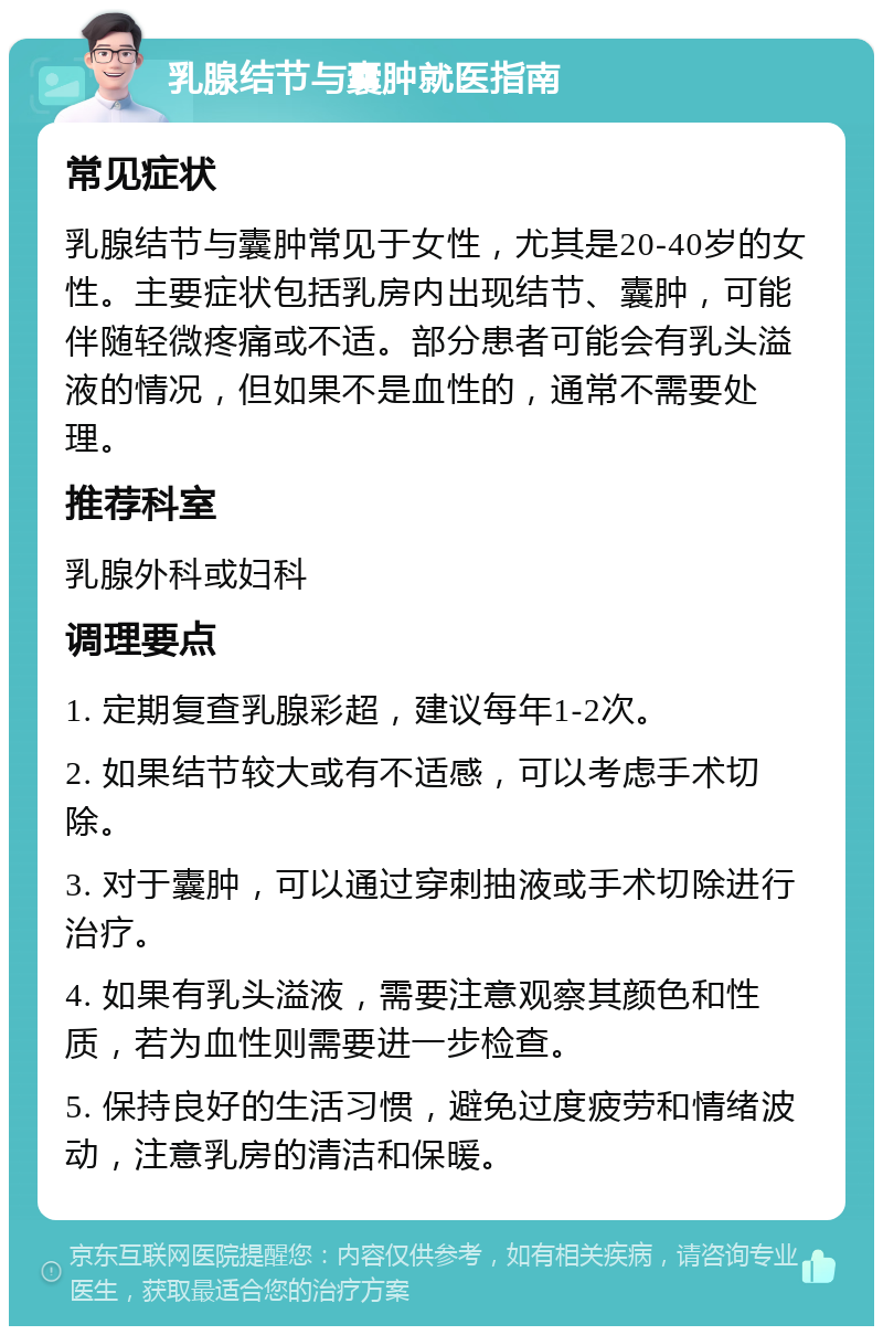 乳腺结节与囊肿就医指南 常见症状 乳腺结节与囊肿常见于女性，尤其是20-40岁的女性。主要症状包括乳房内出现结节、囊肿，可能伴随轻微疼痛或不适。部分患者可能会有乳头溢液的情况，但如果不是血性的，通常不需要处理。 推荐科室 乳腺外科或妇科 调理要点 1. 定期复查乳腺彩超，建议每年1-2次。 2. 如果结节较大或有不适感，可以考虑手术切除。 3. 对于囊肿，可以通过穿刺抽液或手术切除进行治疗。 4. 如果有乳头溢液，需要注意观察其颜色和性质，若为血性则需要进一步检查。 5. 保持良好的生活习惯，避免过度疲劳和情绪波动，注意乳房的清洁和保暖。