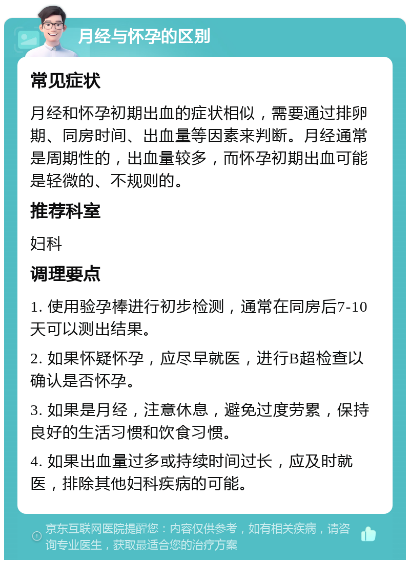 月经与怀孕的区别 常见症状 月经和怀孕初期出血的症状相似，需要通过排卵期、同房时间、出血量等因素来判断。月经通常是周期性的，出血量较多，而怀孕初期出血可能是轻微的、不规则的。 推荐科室 妇科 调理要点 1. 使用验孕棒进行初步检测，通常在同房后7-10天可以测出结果。 2. 如果怀疑怀孕，应尽早就医，进行B超检查以确认是否怀孕。 3. 如果是月经，注意休息，避免过度劳累，保持良好的生活习惯和饮食习惯。 4. 如果出血量过多或持续时间过长，应及时就医，排除其他妇科疾病的可能。