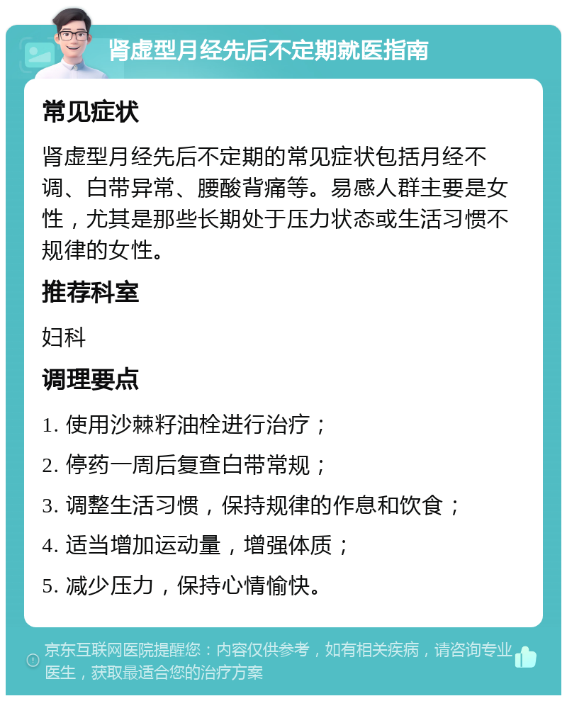 肾虚型月经先后不定期就医指南 常见症状 肾虚型月经先后不定期的常见症状包括月经不调、白带异常、腰酸背痛等。易感人群主要是女性，尤其是那些长期处于压力状态或生活习惯不规律的女性。 推荐科室 妇科 调理要点 1. 使用沙棘籽油栓进行治疗； 2. 停药一周后复查白带常规； 3. 调整生活习惯，保持规律的作息和饮食； 4. 适当增加运动量，增强体质； 5. 减少压力，保持心情愉快。