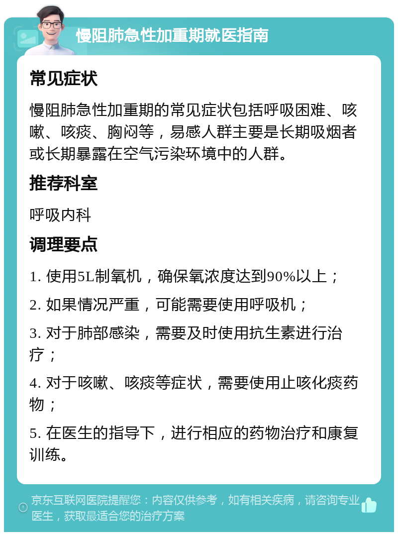 慢阻肺急性加重期就医指南 常见症状 慢阻肺急性加重期的常见症状包括呼吸困难、咳嗽、咳痰、胸闷等，易感人群主要是长期吸烟者或长期暴露在空气污染环境中的人群。 推荐科室 呼吸内科 调理要点 1. 使用5L制氧机，确保氧浓度达到90%以上； 2. 如果情况严重，可能需要使用呼吸机； 3. 对于肺部感染，需要及时使用抗生素进行治疗； 4. 对于咳嗽、咳痰等症状，需要使用止咳化痰药物； 5. 在医生的指导下，进行相应的药物治疗和康复训练。