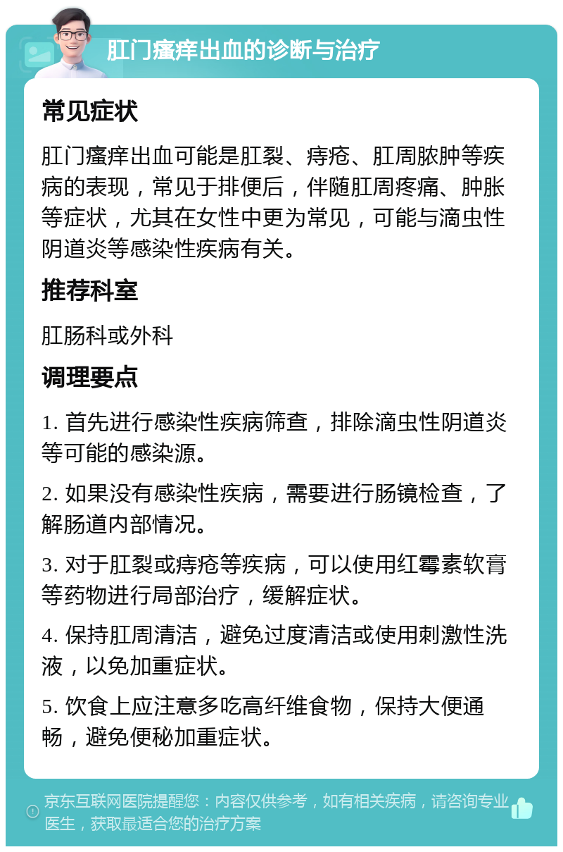 肛门瘙痒出血的诊断与治疗 常见症状 肛门瘙痒出血可能是肛裂、痔疮、肛周脓肿等疾病的表现，常见于排便后，伴随肛周疼痛、肿胀等症状，尤其在女性中更为常见，可能与滴虫性阴道炎等感染性疾病有关。 推荐科室 肛肠科或外科 调理要点 1. 首先进行感染性疾病筛查，排除滴虫性阴道炎等可能的感染源。 2. 如果没有感染性疾病，需要进行肠镜检查，了解肠道内部情况。 3. 对于肛裂或痔疮等疾病，可以使用红霉素软膏等药物进行局部治疗，缓解症状。 4. 保持肛周清洁，避免过度清洁或使用刺激性洗液，以免加重症状。 5. 饮食上应注意多吃高纤维食物，保持大便通畅，避免便秘加重症状。