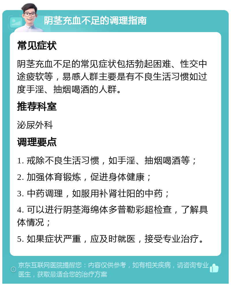 阴茎充血不足的调理指南 常见症状 阴茎充血不足的常见症状包括勃起困难、性交中途疲软等，易感人群主要是有不良生活习惯如过度手淫、抽烟喝酒的人群。 推荐科室 泌尿外科 调理要点 1. 戒除不良生活习惯，如手淫、抽烟喝酒等； 2. 加强体育锻炼，促进身体健康； 3. 中药调理，如服用补肾壮阳的中药； 4. 可以进行阴茎海绵体多普勒彩超检查，了解具体情况； 5. 如果症状严重，应及时就医，接受专业治疗。