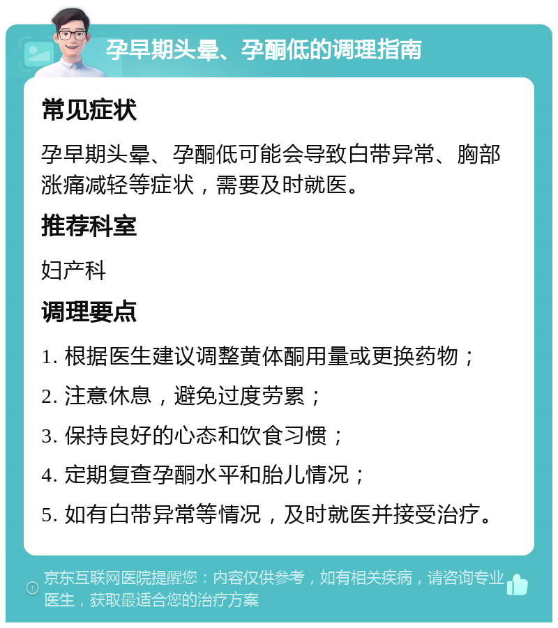 孕早期头晕、孕酮低的调理指南 常见症状 孕早期头晕、孕酮低可能会导致白带异常、胸部涨痛减轻等症状，需要及时就医。 推荐科室 妇产科 调理要点 1. 根据医生建议调整黄体酮用量或更换药物； 2. 注意休息，避免过度劳累； 3. 保持良好的心态和饮食习惯； 4. 定期复查孕酮水平和胎儿情况； 5. 如有白带异常等情况，及时就医并接受治疗。